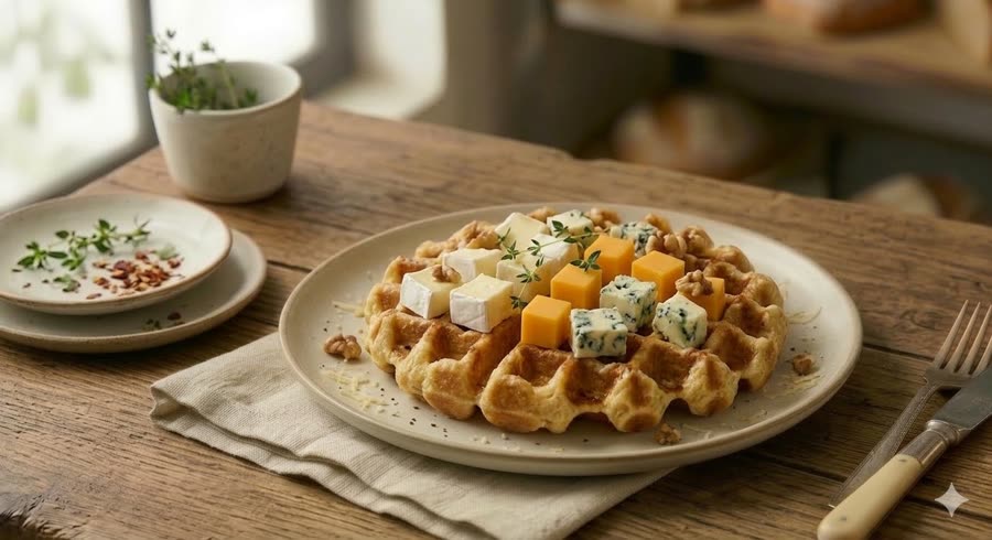 Gaufre salée aux trois fromages et noix, non fondue
