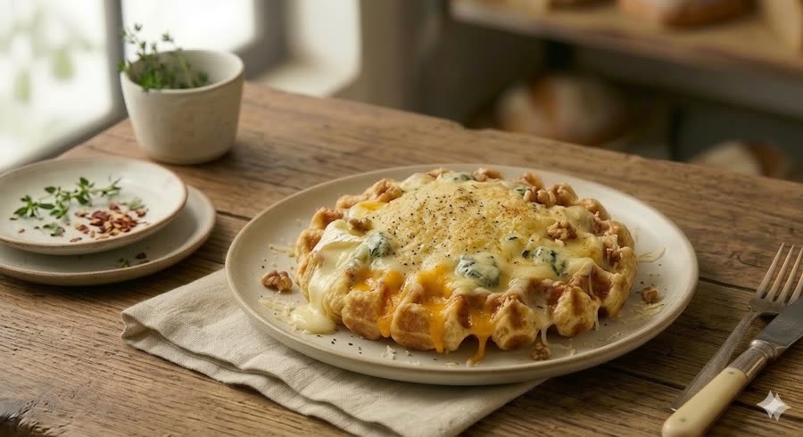 Gaufre salée aux trois fromages fondus et noix