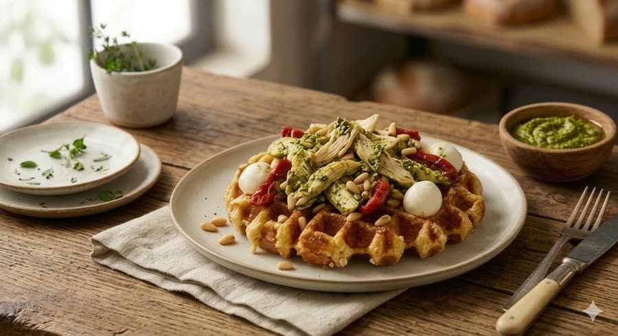 Gaufre salée poulet, pesto, mozzarella et pignons
