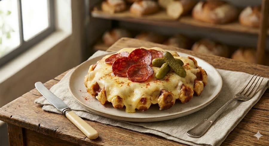 Gaufre salée façon raclette, chorizo et cornichons